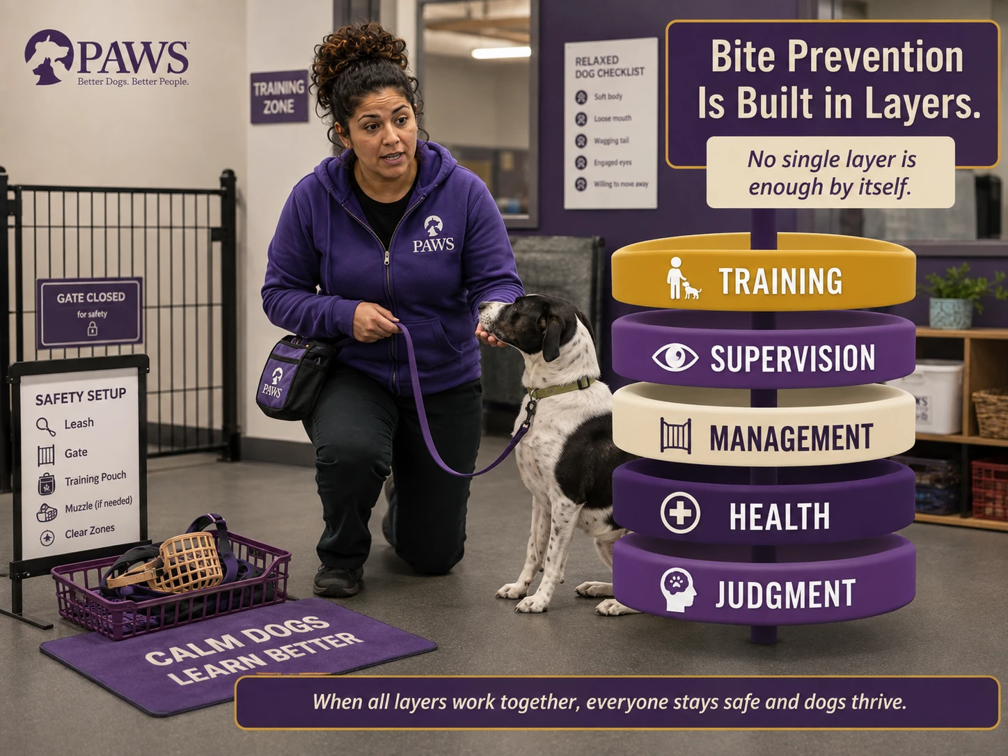 PAWS handler works calmly with a dog beside a gate, leash, training pouch, and muzzle while an infographic lists training, supervision, management, health, and judgment.