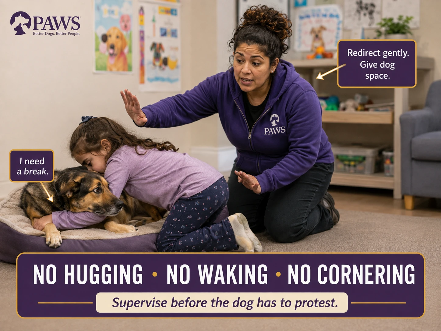 PAWS staff member redirects a child who is hugging an uncomfortable resting dog and gives the dog space to move away.