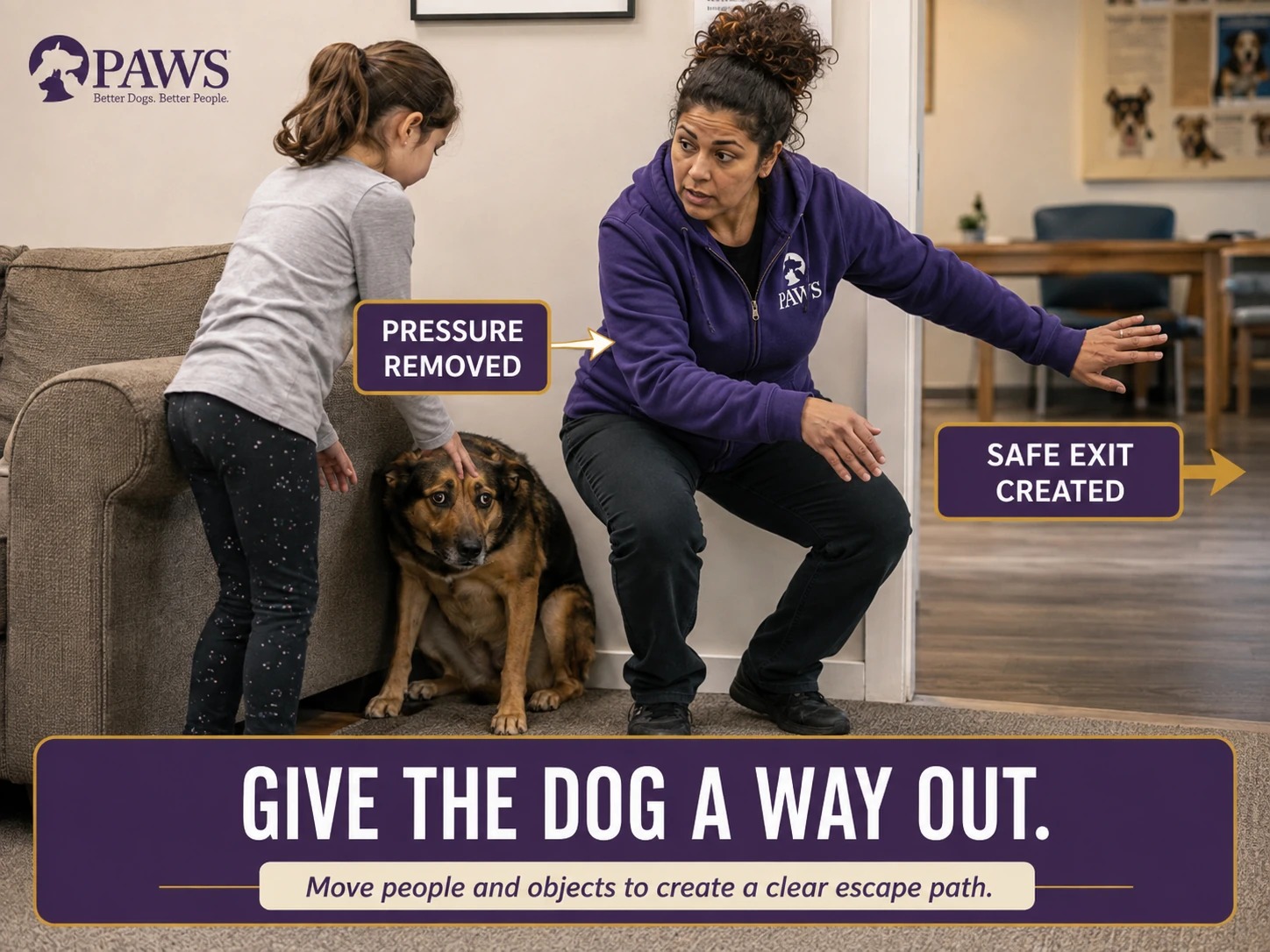 PAWS staff member moves a child away from a frightened dog trapped beside a couch and opens a clear escape path through a doorway.