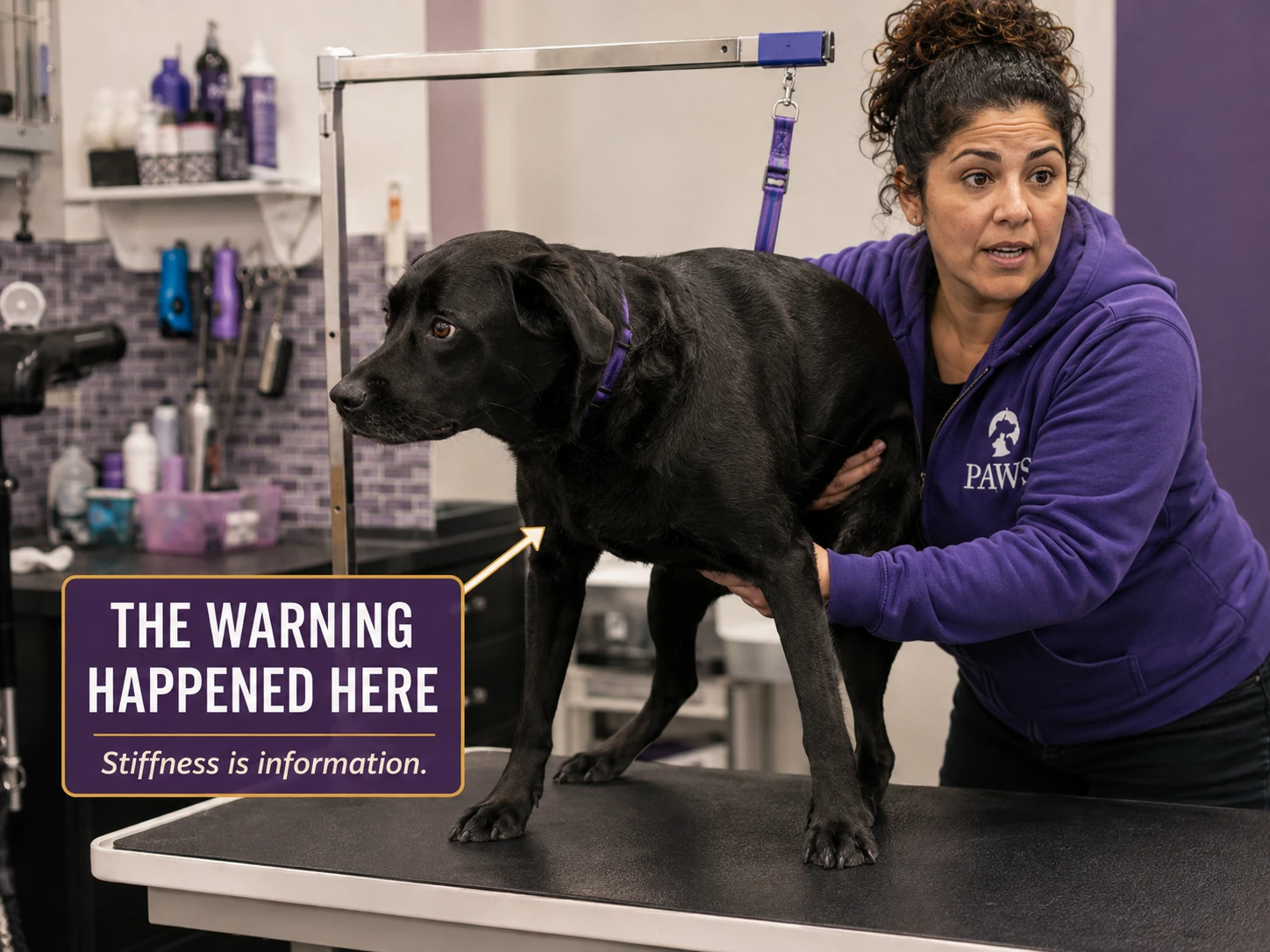 Large black Labrador stiffens on a grooming table as the PAWS handler begins to reposition him, highlighting the warning moment before escalation.