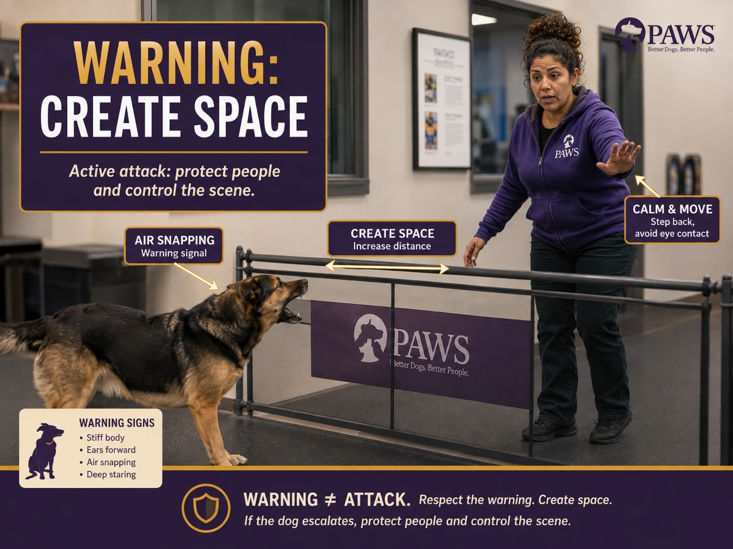 Dog air-snaps behind a barrier while a PAWS staff member calmly steps back and creates distance, illustrating the difference between a warning and an active attack.
