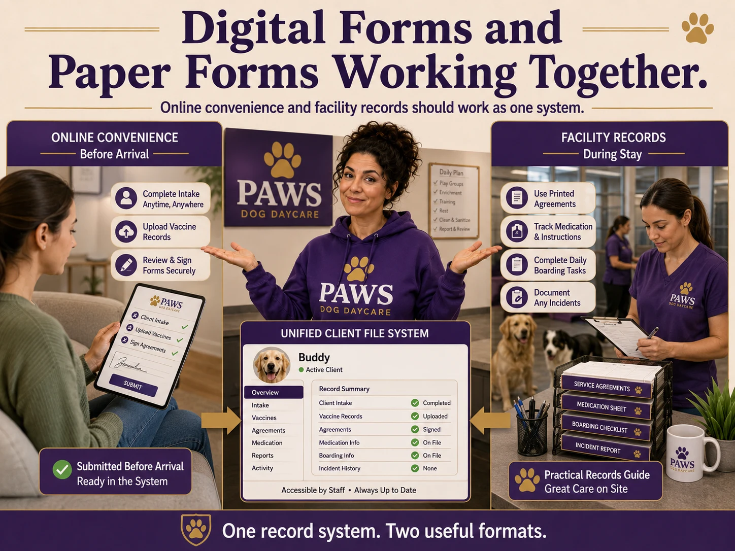 PAWS consultant showing how online intake forms and on-site paper records work together in one client file system.