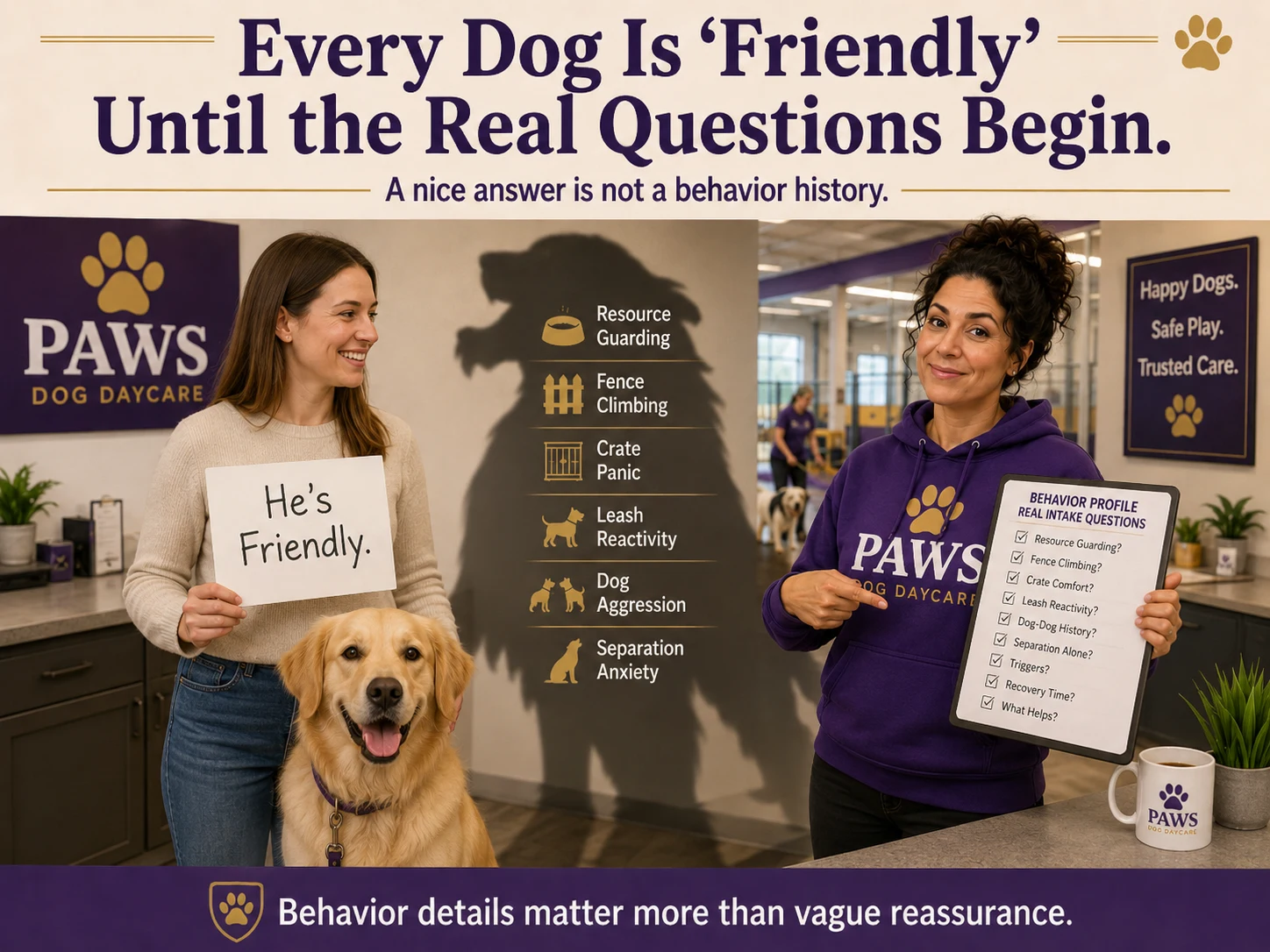 PAWS consultant compares a simple 'He's friendly' claim with a detailed dog behavior questionnaire about guarding, reactivity, anxiety, and aggression.