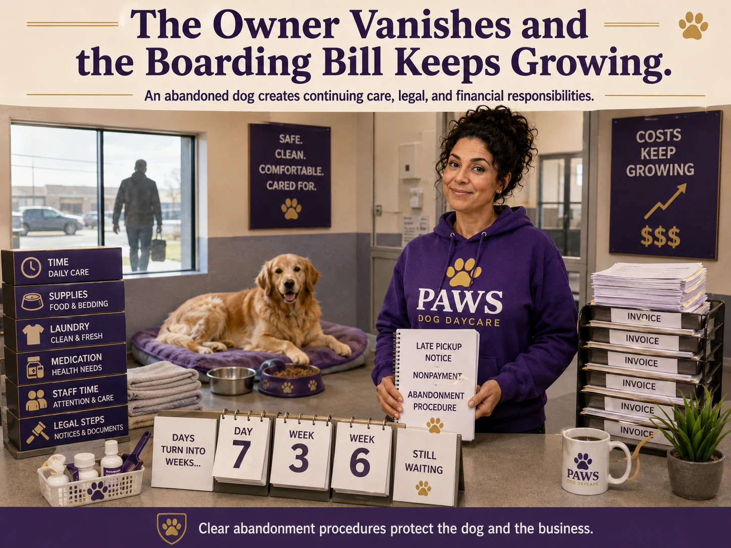PAWS consultant explains boarding abandonment procedures while a dog's care continues and unpaid invoices accumulate.