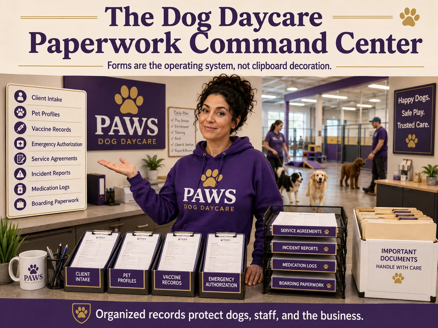 Organized PAWS dog daycare paperwork command center with labeled forms for intake, records, agreements, incidents, medications, and boarding.