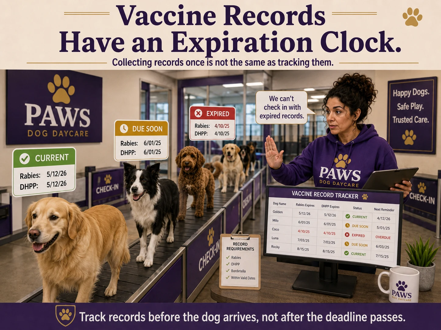PAWS consultant tracking current, due-soon, and expired dog vaccine records at daycare check-in.