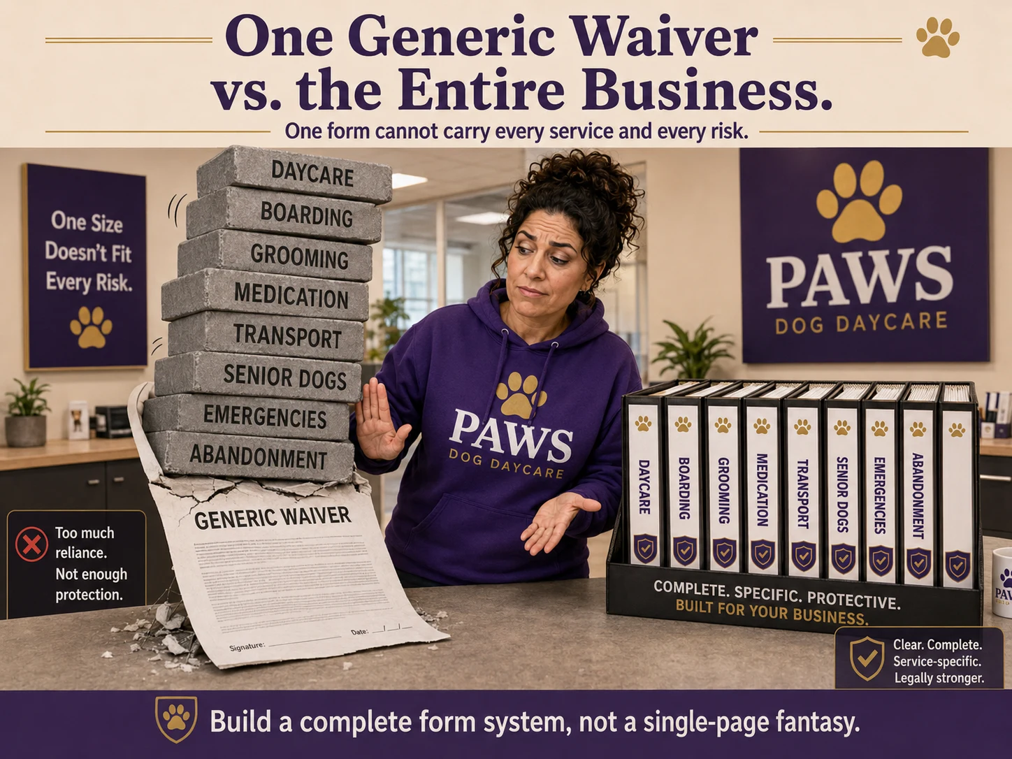 Single generic waiver trying to support all dog daycare risks compared with a complete set of service-specific binders.