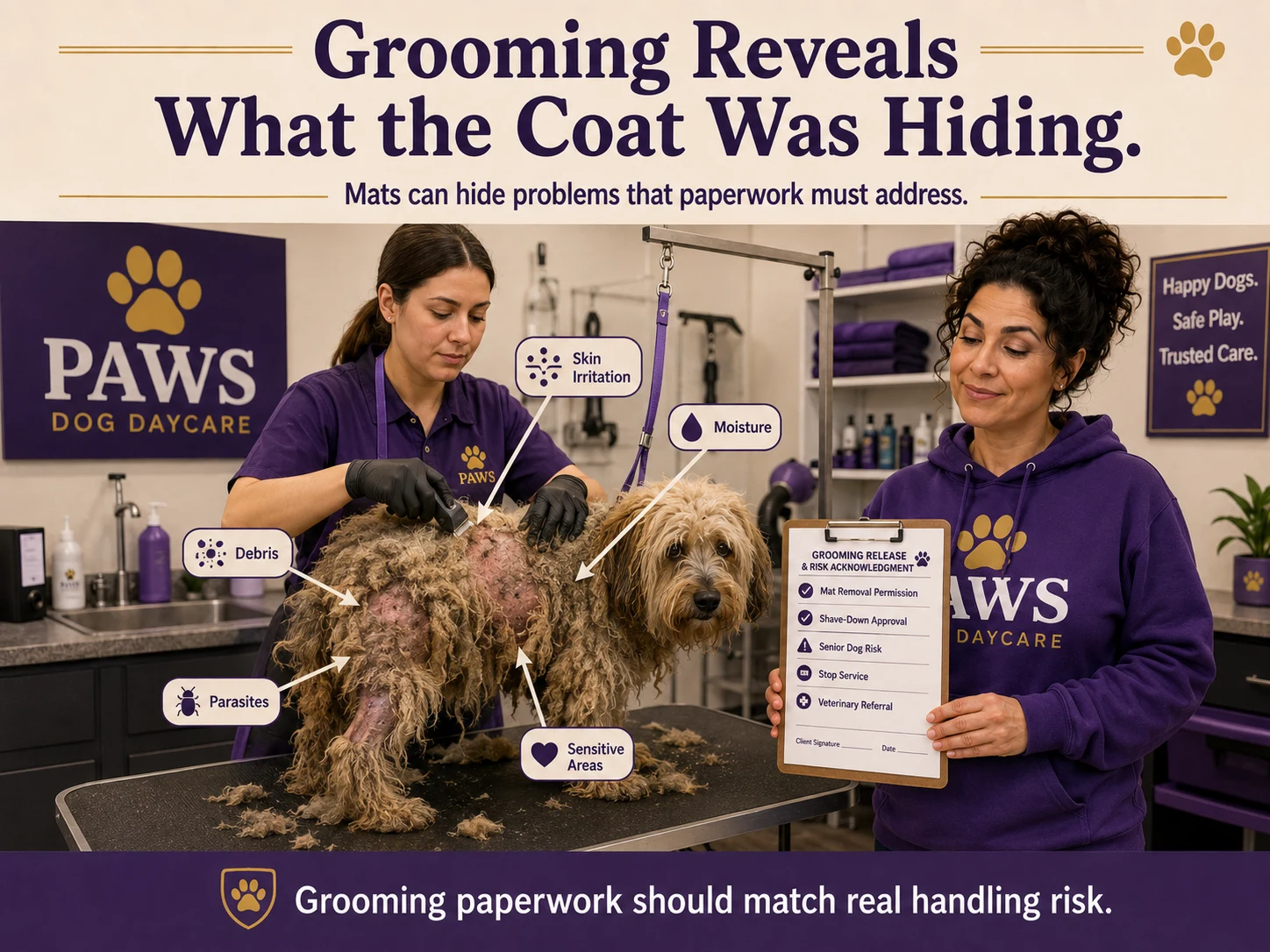 Groomer removing mats from a dog while PAWS consultant shows a grooming release form covering hidden coat and skin risks.