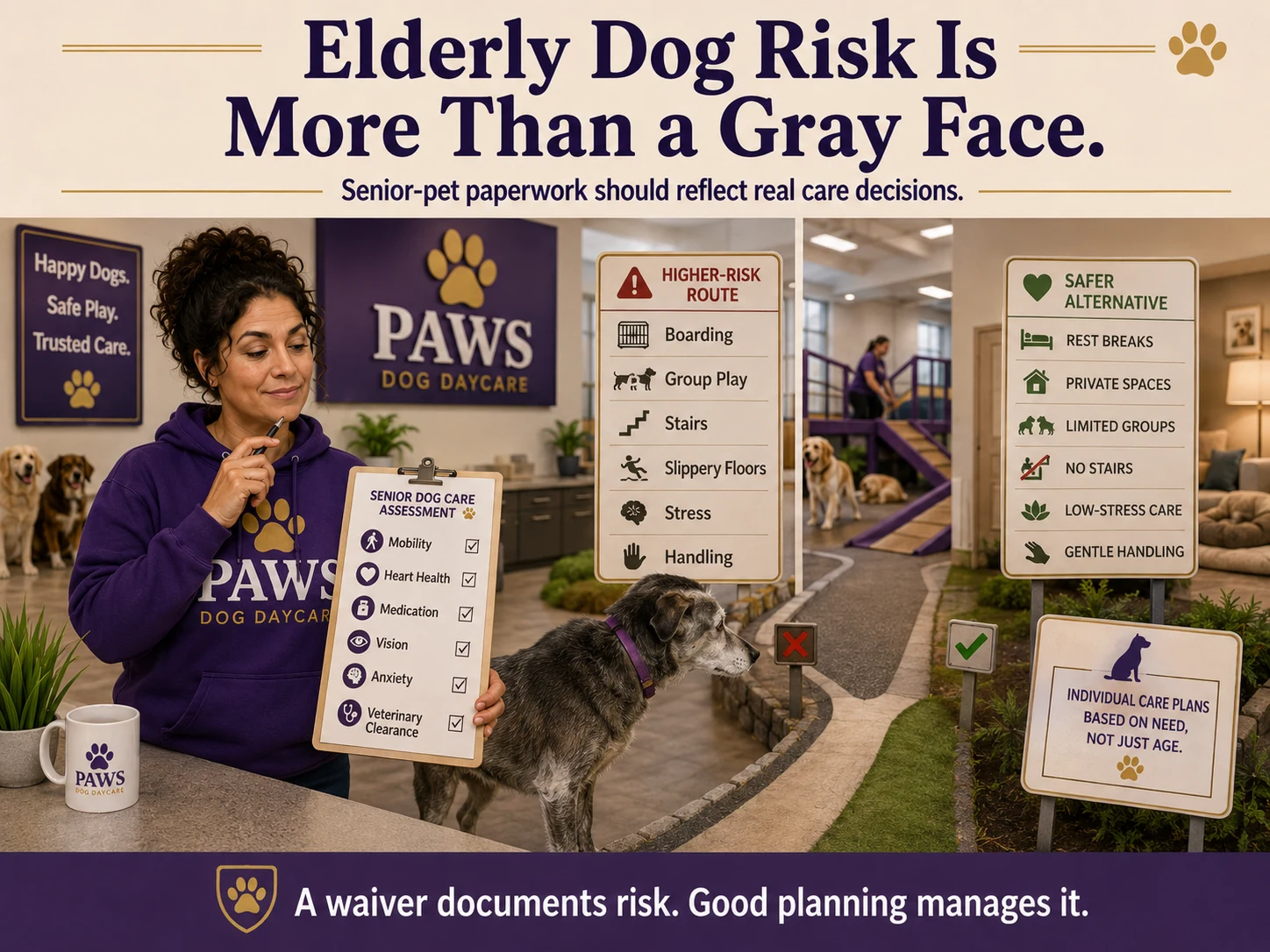 PAWS consultant reviews senior dog care paperwork and safer handling options for an elderly dog.