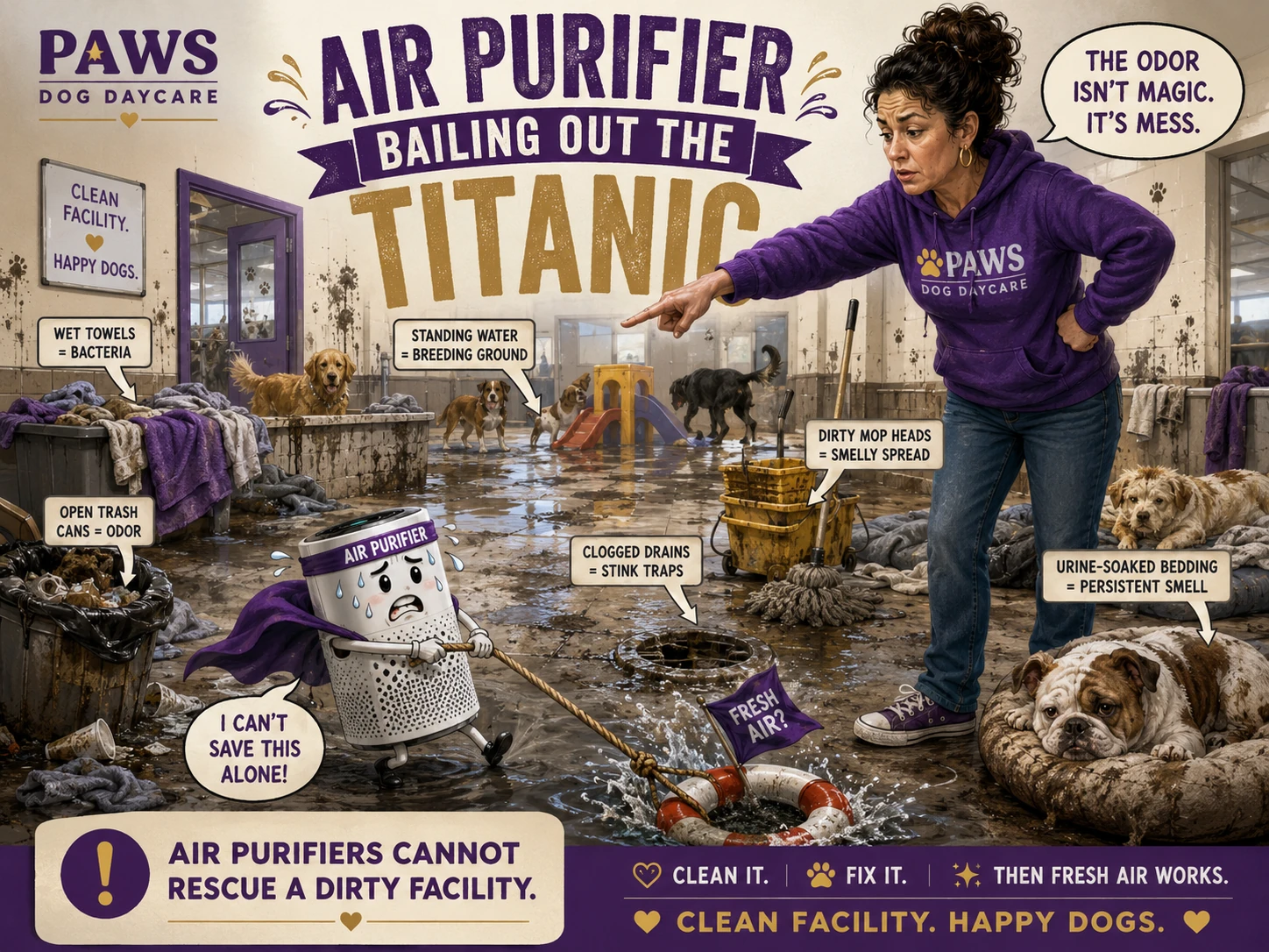PAWS consultant showing that an air purifier cannot fix odors from standing water, dirty bedding, trash, and poor sanitation.