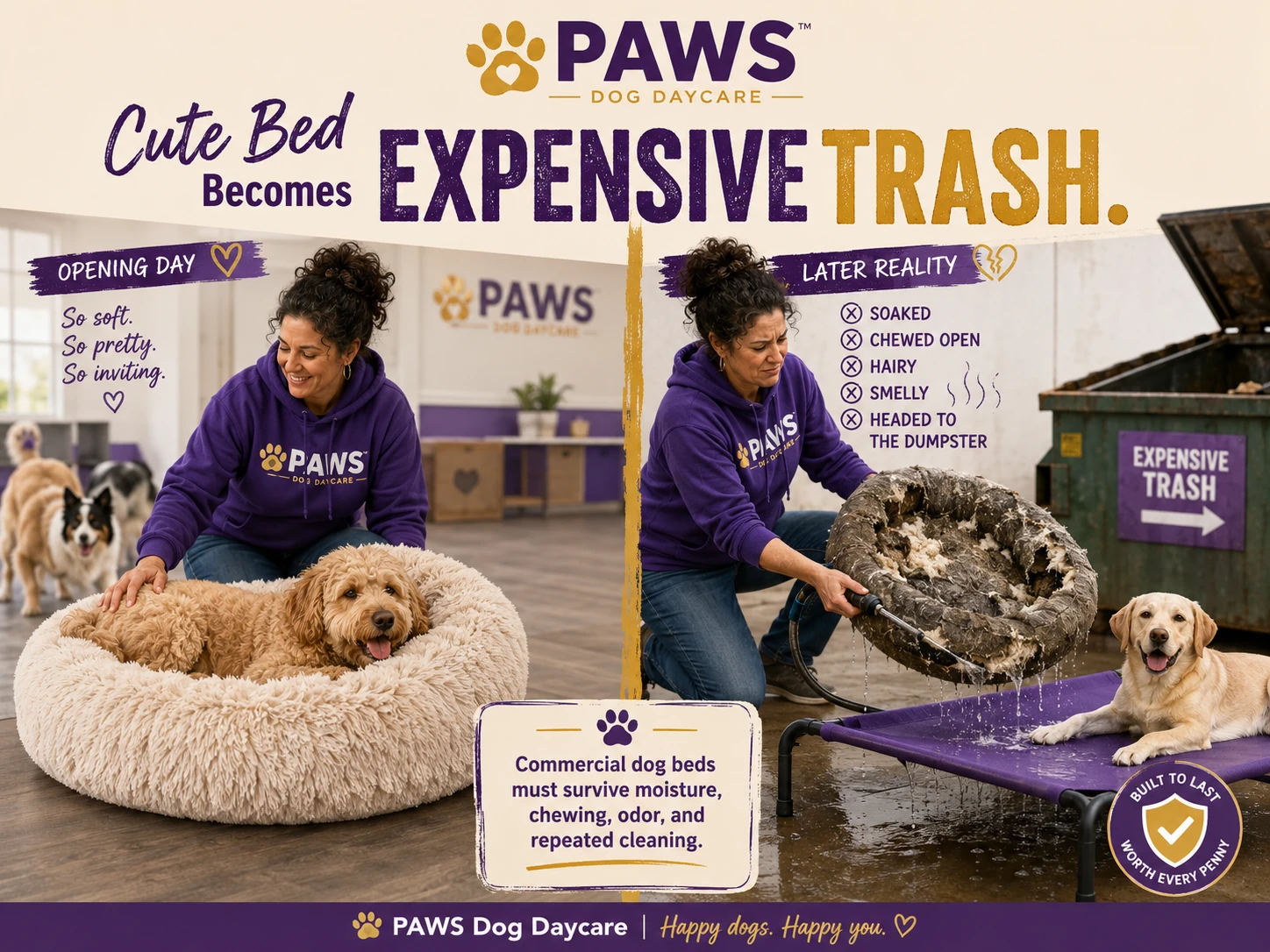 Plush dog bed shown new and later ruined by moisture and chewing beside a durable raised commercial dog cot.