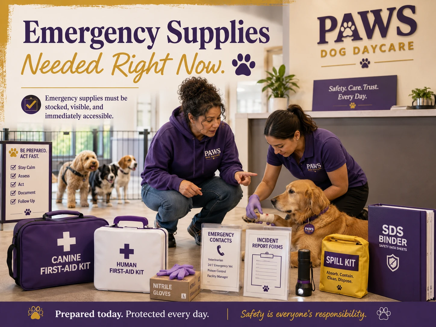 PAWS staff treating a dog's paw beside canine and human first-aid kits, emergency contacts, incident forms, and safety supplies.
