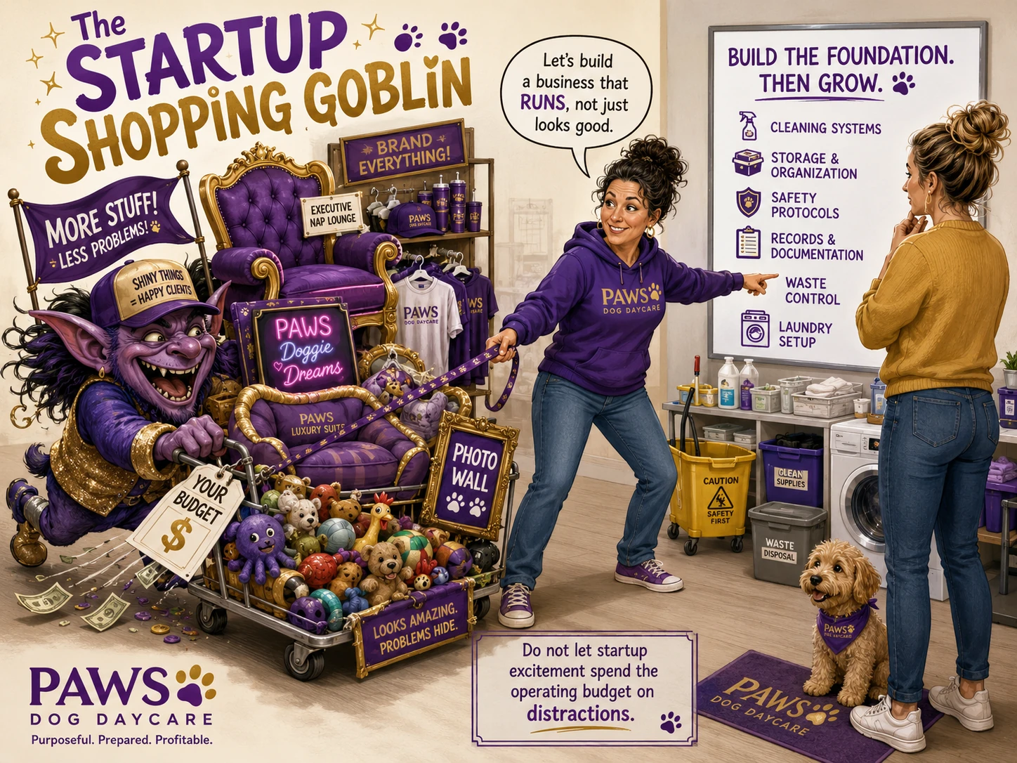 PAWS consultant steering a founder away from decorative startup purchases and toward cleaning, storage, safety, records, waste, and laundry systems.