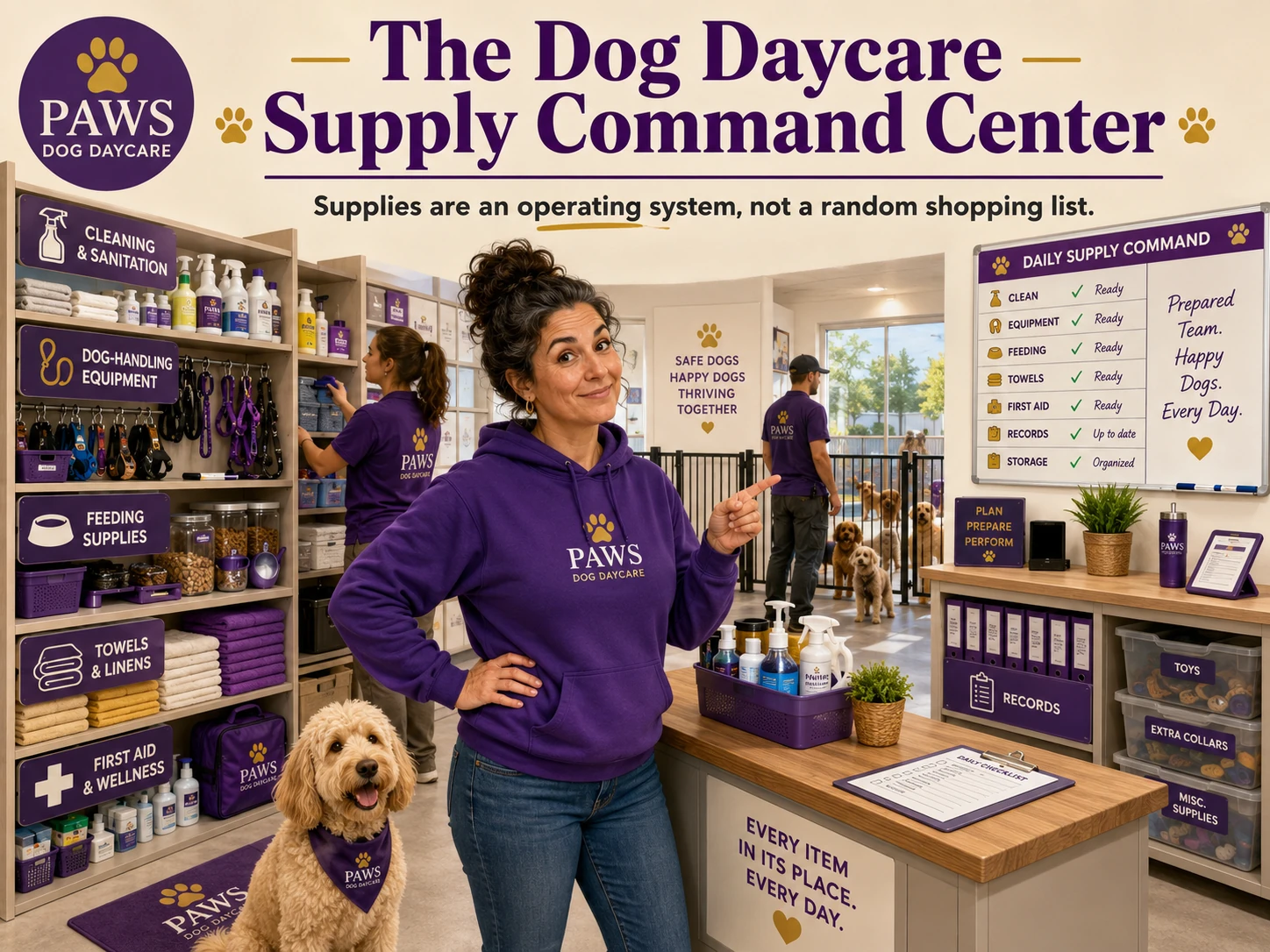 Organized PAWS dog daycare supply command center with labeled cleaning, handling, feeding, linen, first-aid, record, and storage areas.