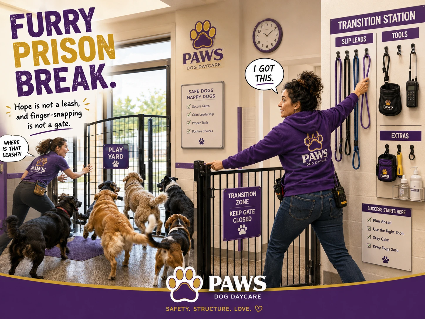 PAWS staff using a secure transition gate and organized slip leads while dogs move toward the play yard.