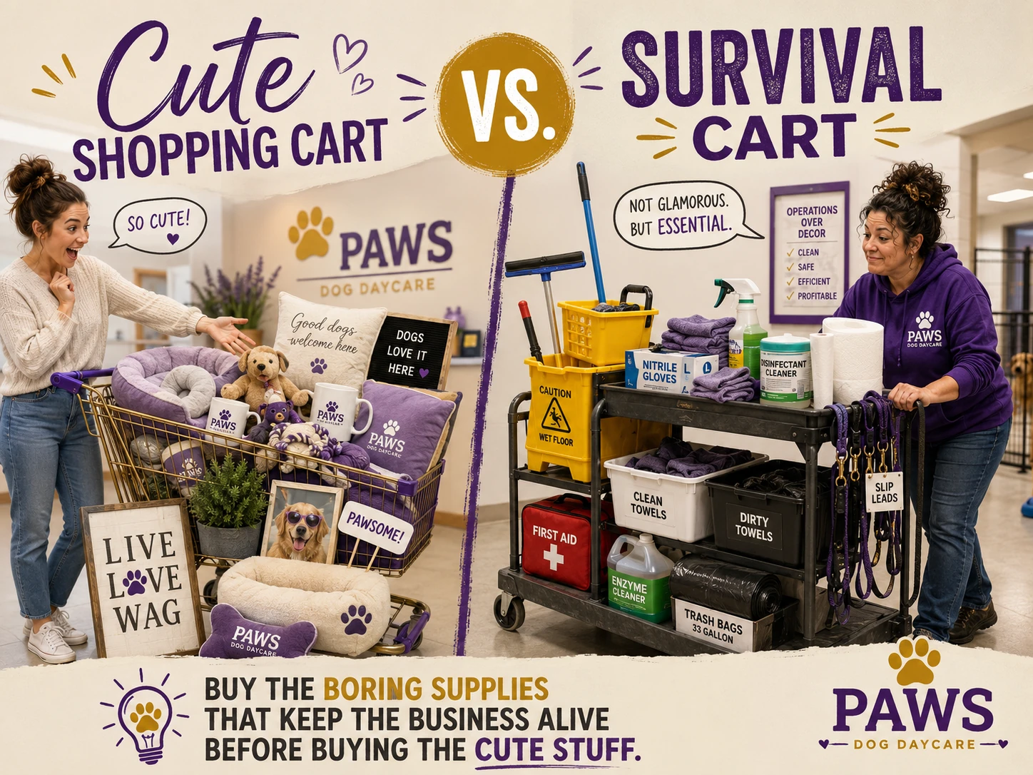 Cute decorative shopping cart compared with a dog daycare survival cart containing cleaning, safety, first-aid, and handling supplies.