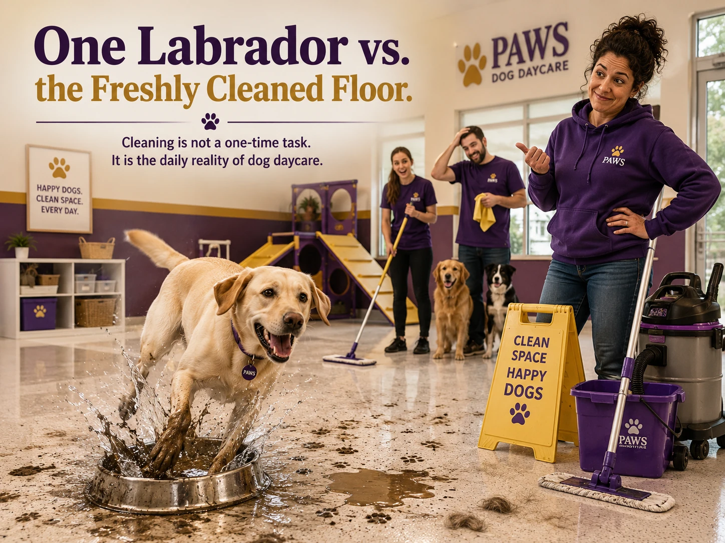 Labrador splashing through a freshly cleaned dog daycare floor as PAWS staff prepare to mop again.