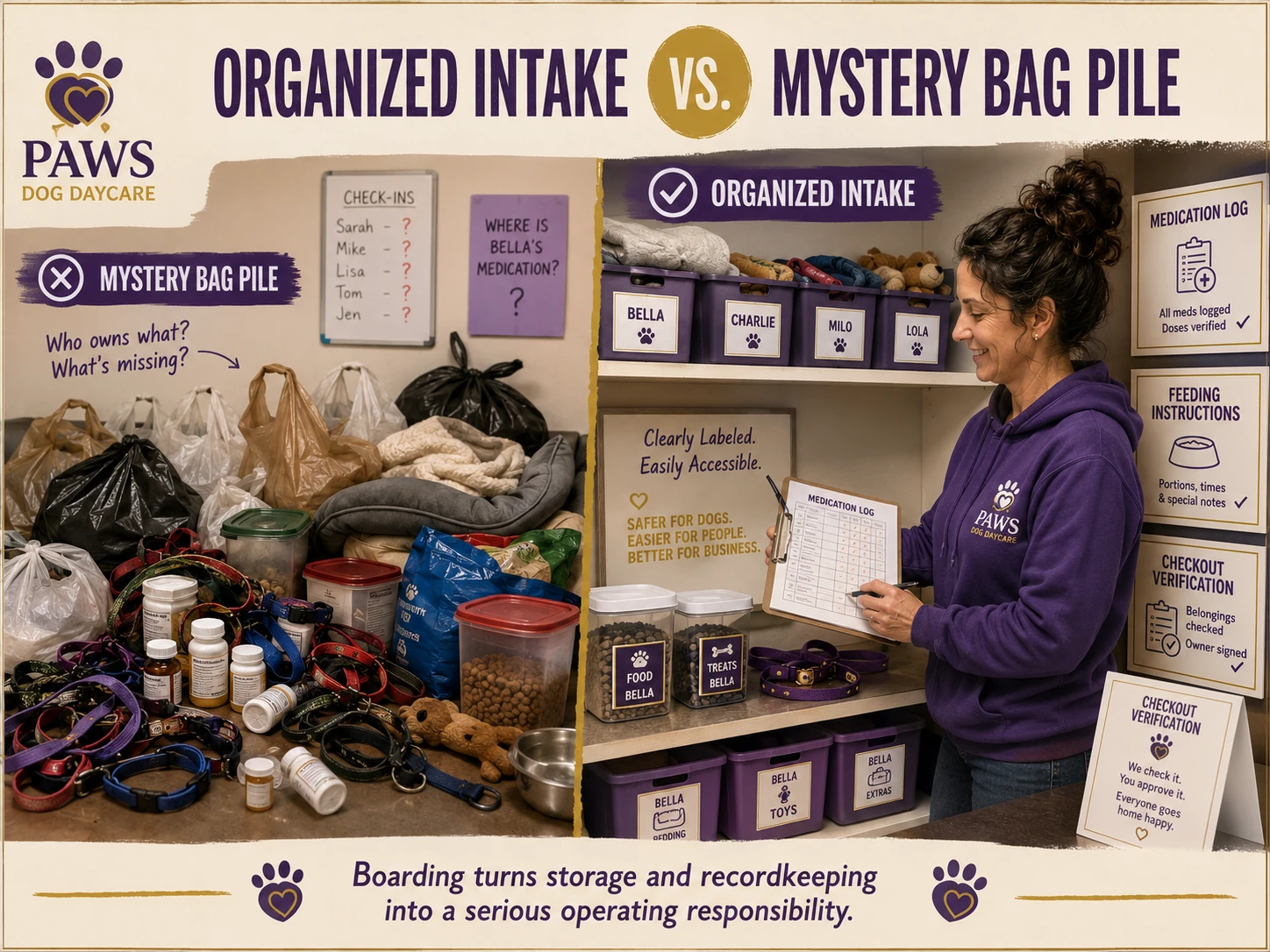 Split comparison of a chaotic boarding bag pile and an organized dog boarding intake system with labeled bins and medication records.
