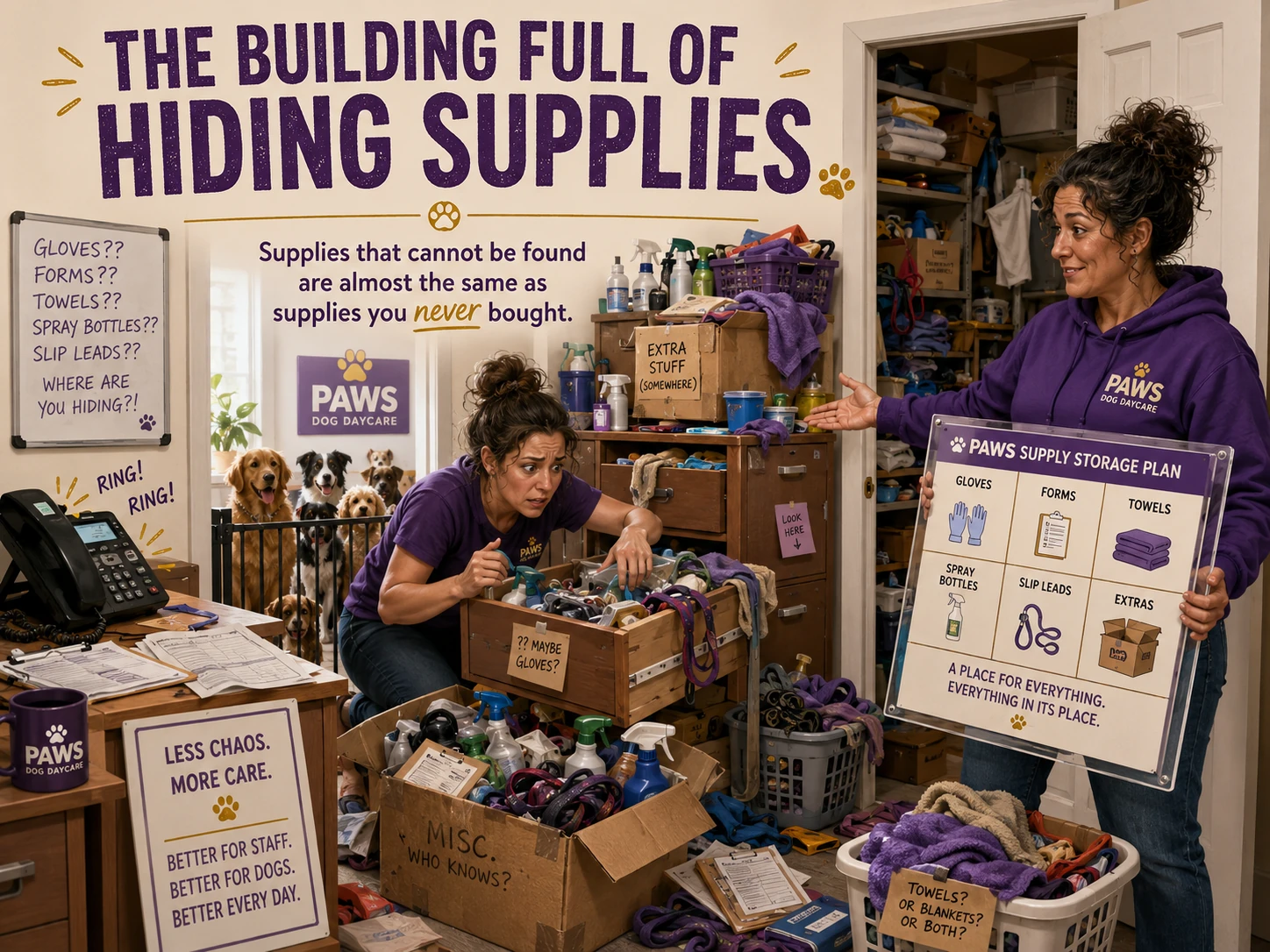 PAWS consultant presenting an organized supply storage plan beside a cluttered dog daycare supply room.