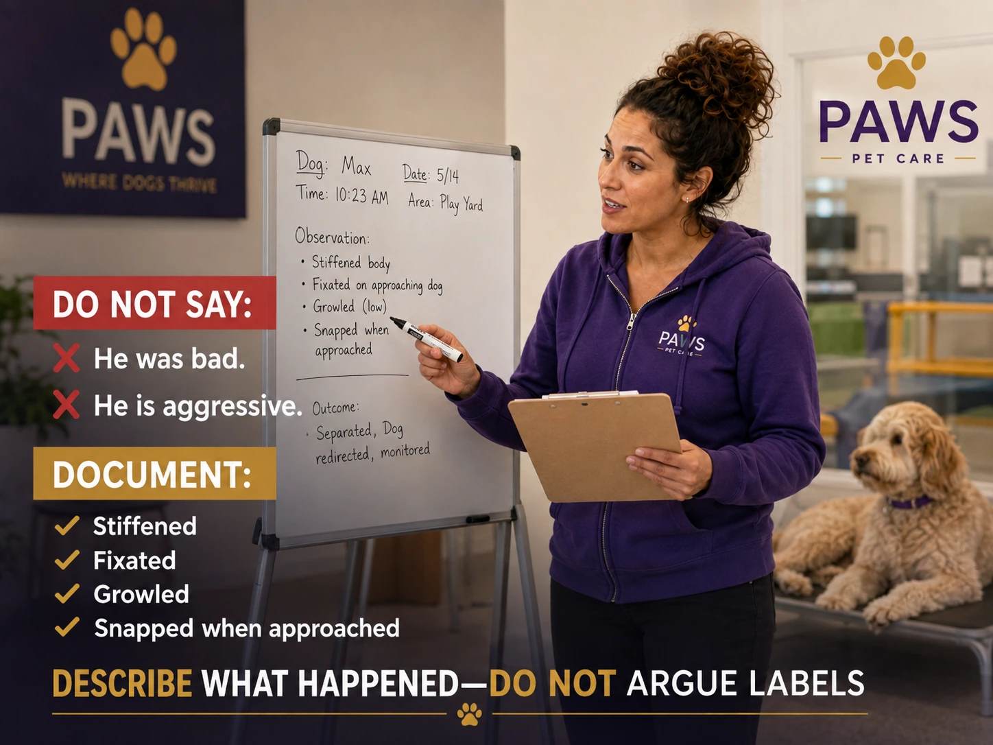 PAWS Lady documenting a dog’s behavior on a whiteboard, with overlay text advising staff to describe what happened instead of arguing over labels like bad or aggressive.
