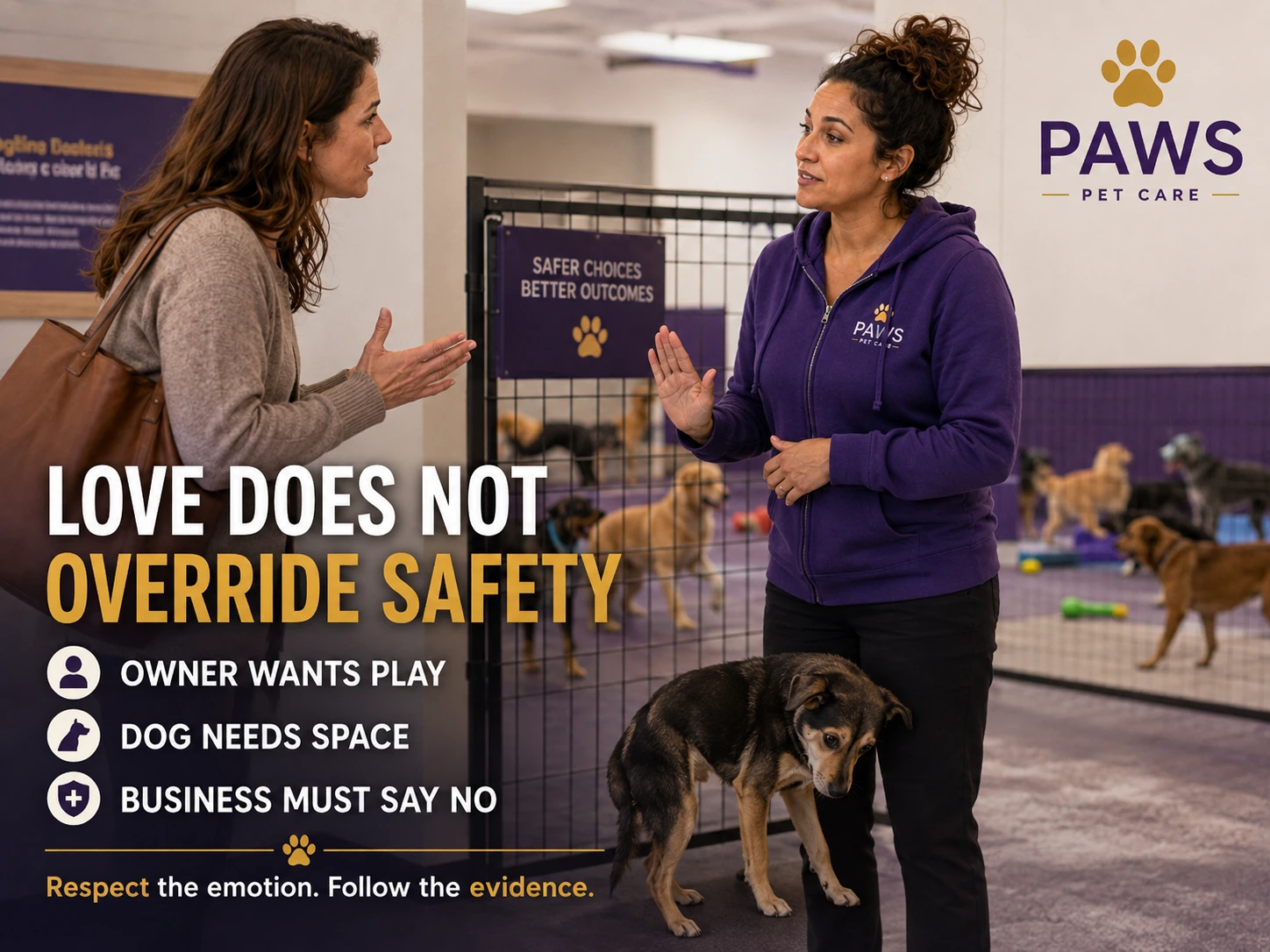 PAWS Lady telling an owner no while standing with a stressed dog in front of a daycare play area, with text emphasizing that love does not override safety.