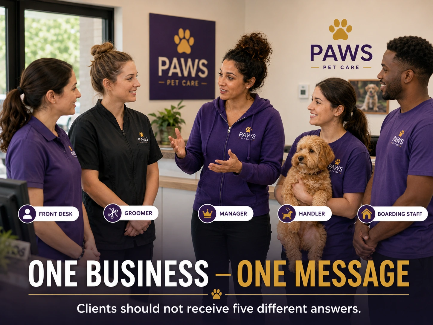 PAWS Lady addressing a mixed team of pet-care staff, with overlay labels for different roles and text stressing one business, one message.