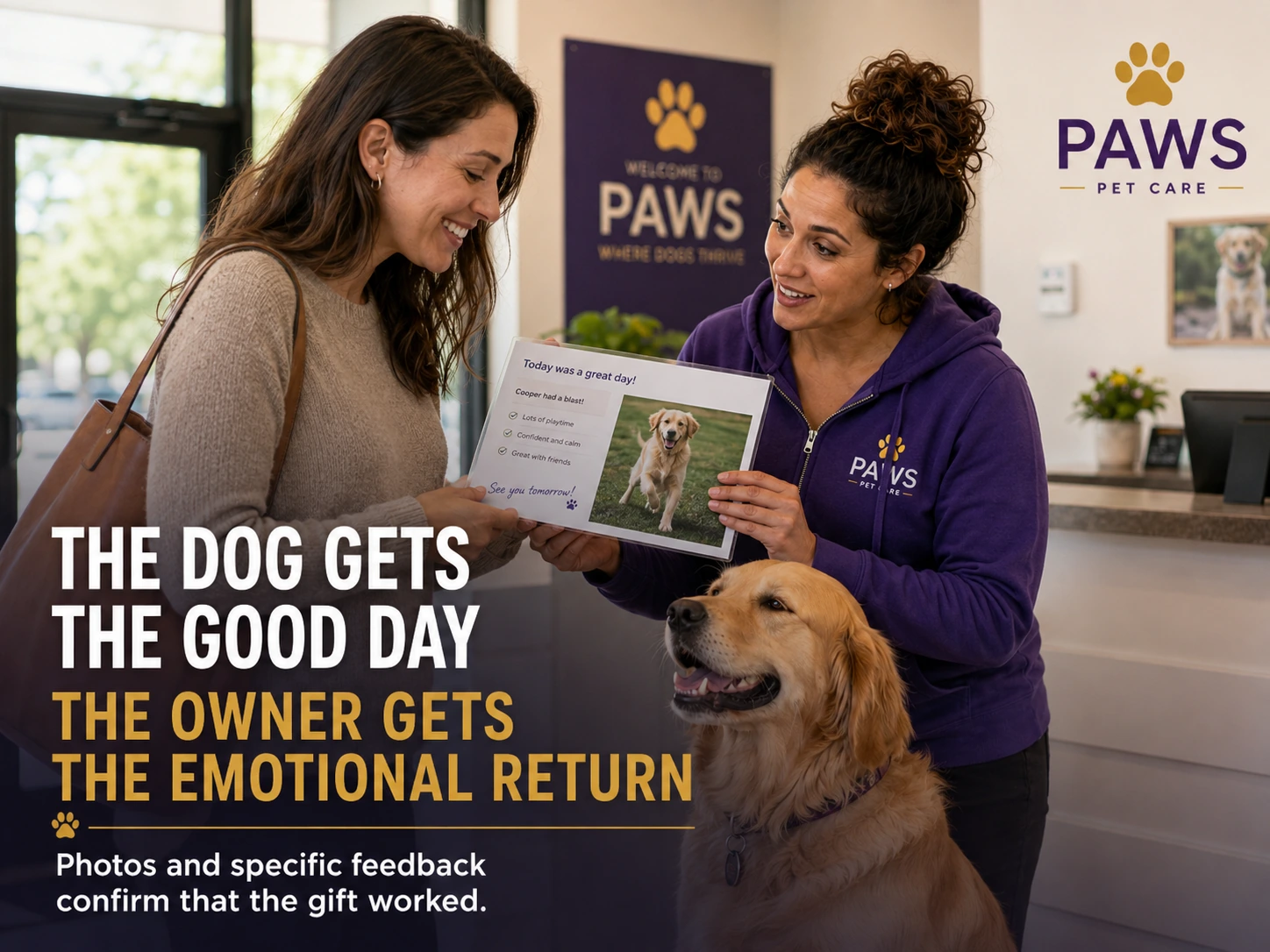 PAWS staff member showing an owner a positive dog report card with photo feedback, while a golden retriever sits nearby, with text about the owner getting the emotional return.
