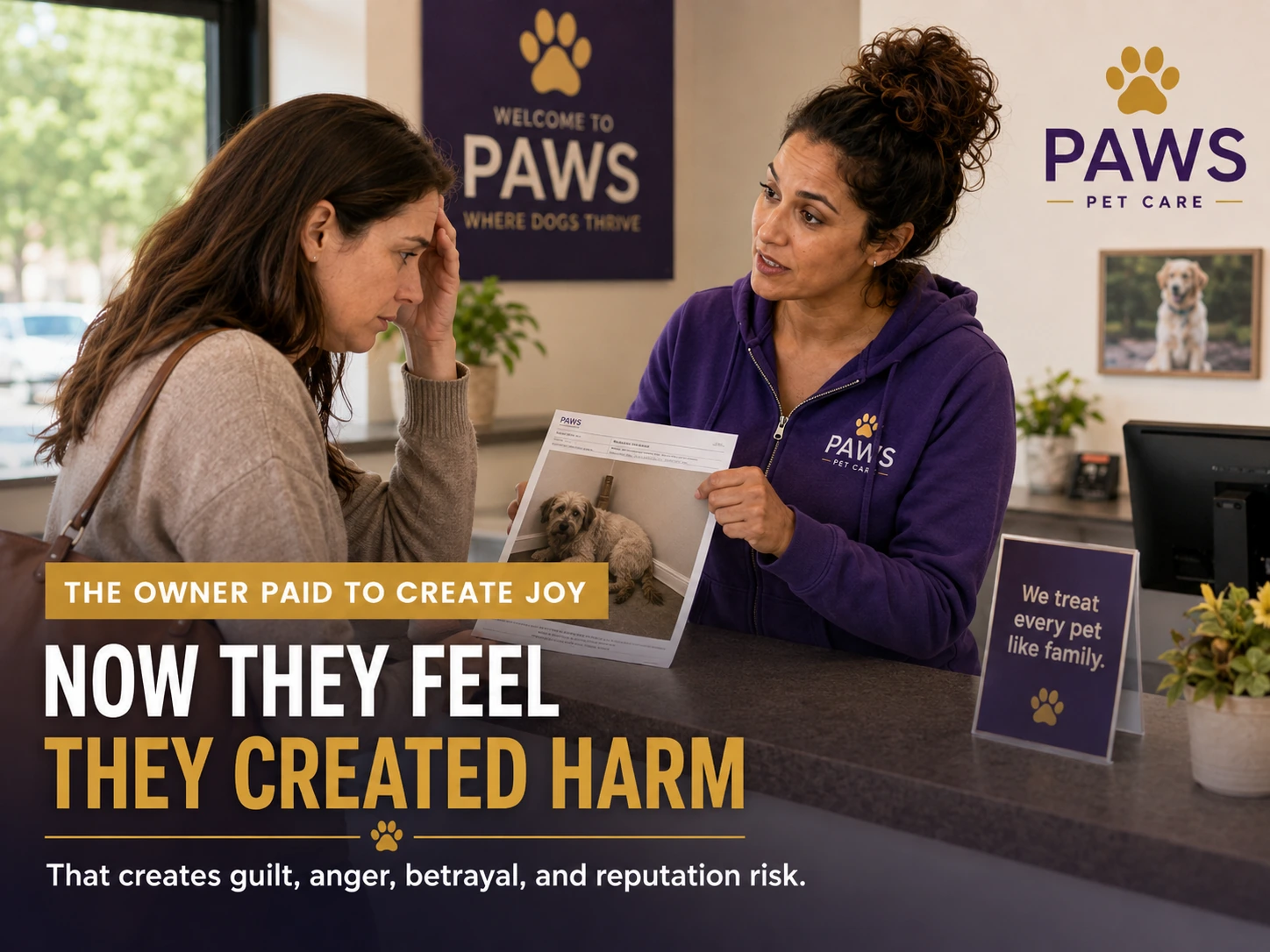 PAWS staff member compassionately explaining a difficult dog outcome to an upset owner at the front desk, with text about owner guilt and reputation risk.