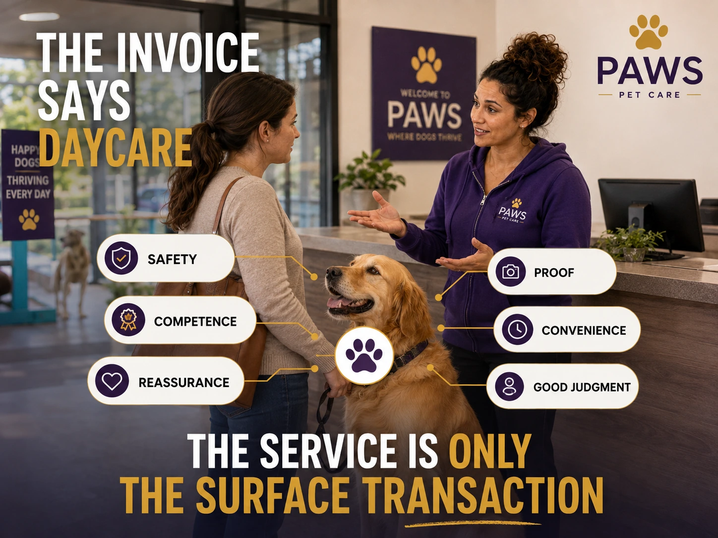 PAWS Lady talking with an owner and golden retriever, surrounded by icons for safety, competence, reassurance, proof, convenience, and good judgment.