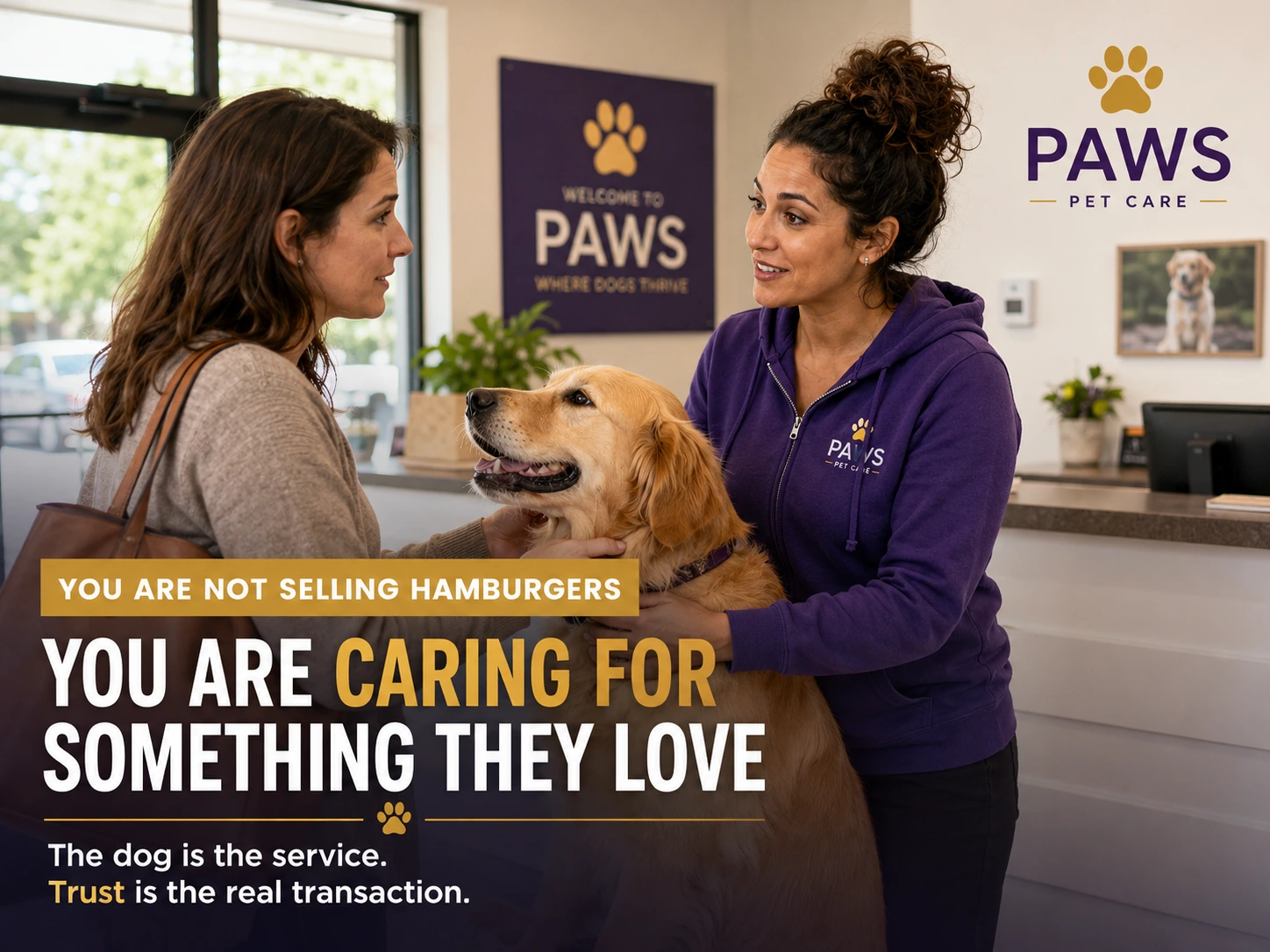 PAWS staff member and owner interacting warmly over a golden retriever at the front desk, with text emphasizing that the business is caring for something the owner loves and trust is the real transaction.