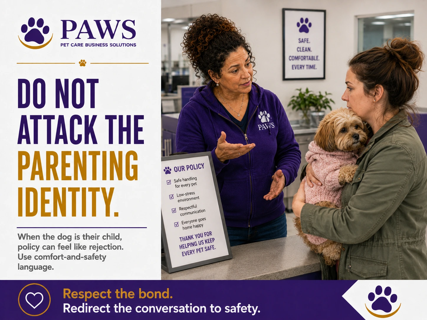 PAWS staff member speaks gently with a woman holding a small dog wrapped in a pink sweater beside a policy sign at the counter.