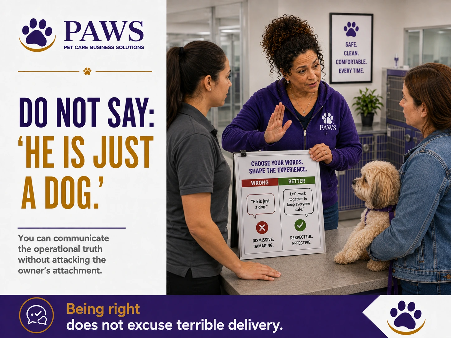 PAWS staff member and coworker use a sign about word choice while speaking with a dog owner holding a small doodle at the counter.