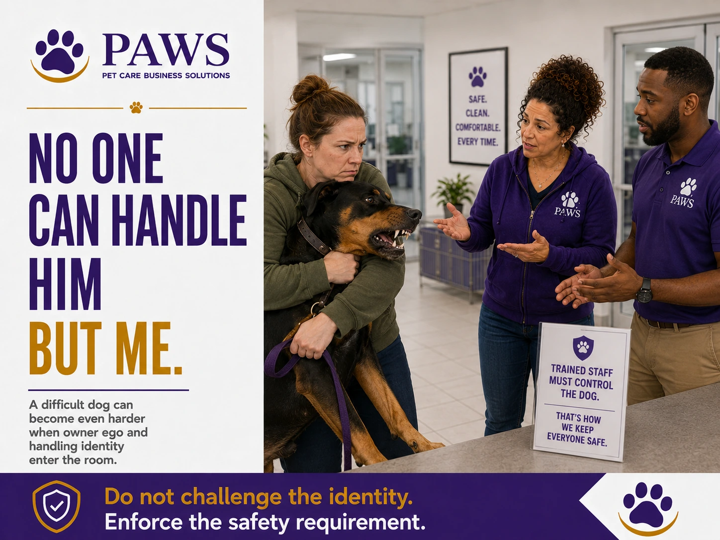 PAWS staff members speak with a customer struggling to control a snarling large dog at the front counter beside a trained-staff safety sign.