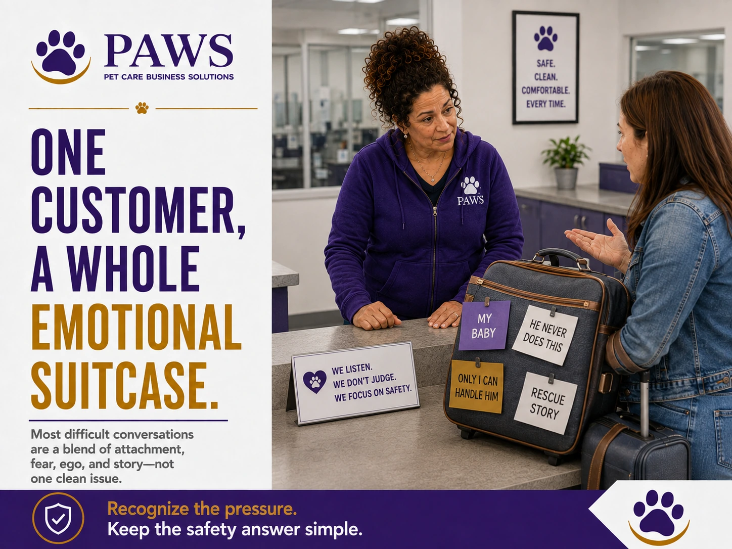 PAWS staff member faces a customer at the counter beside a suitcase labeled with emotional claims about a dog.