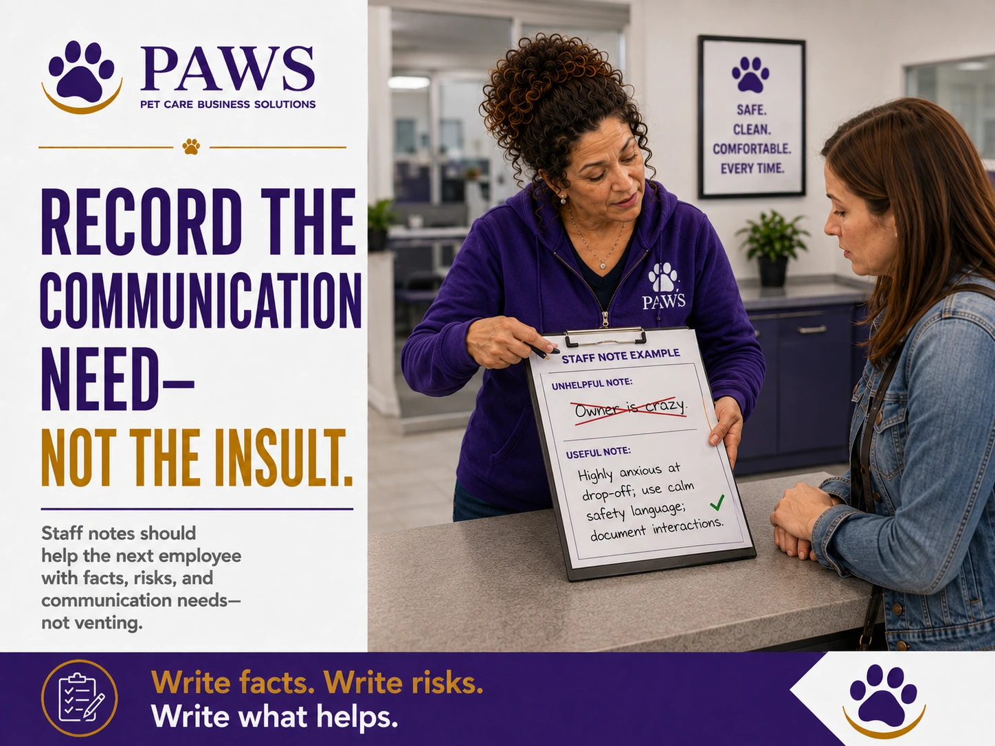 PAWS staff member points to a clipboard showing a helpful staff note example while a customer listens at the counter.
