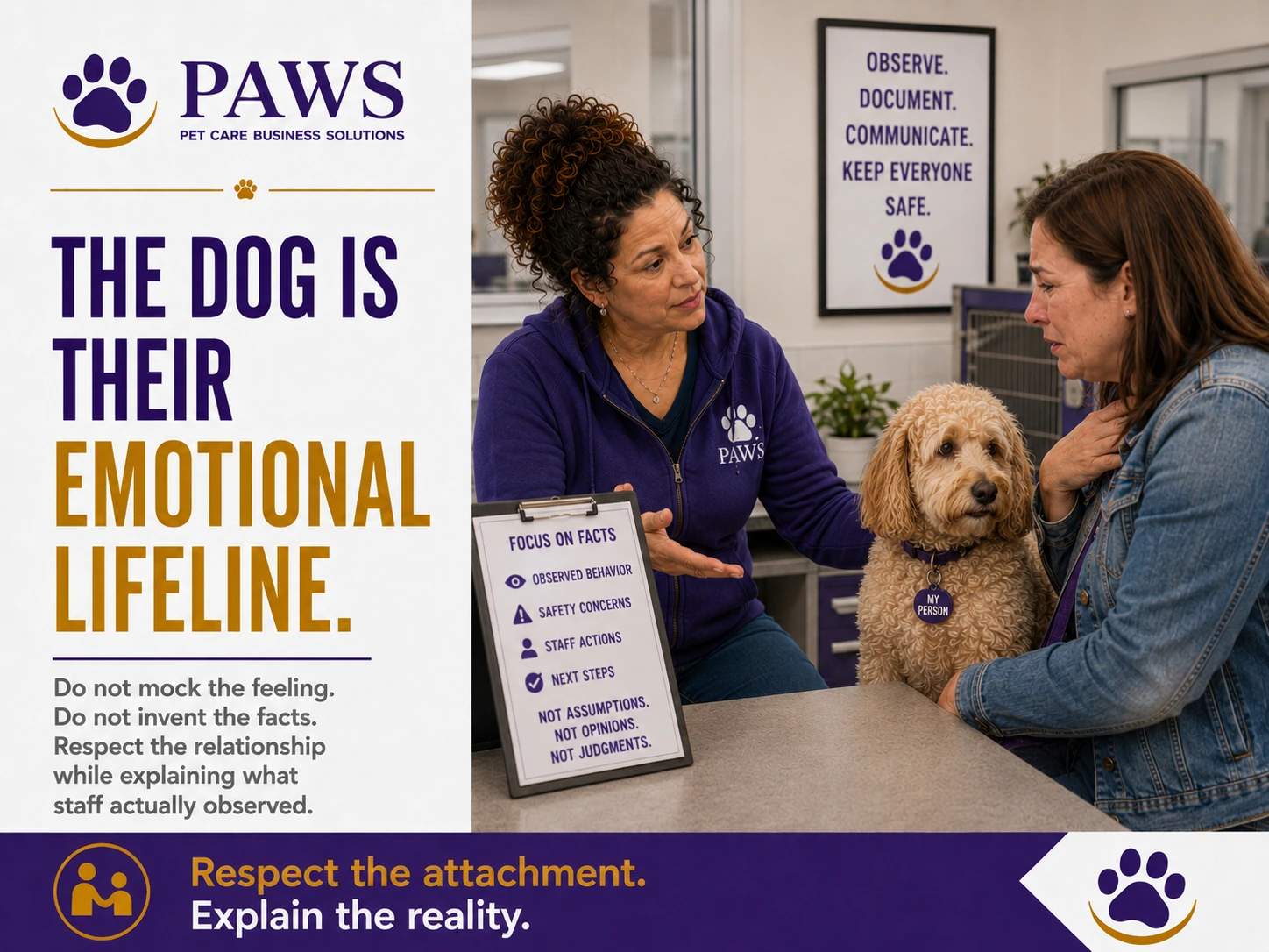 PAWS staff member speaks gently with an emotional dog owner while a doodle sits between them at the front counter.