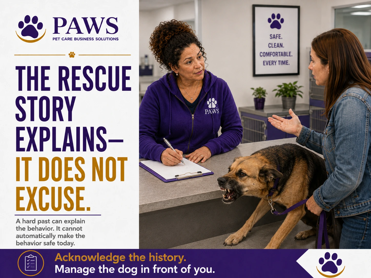 PAWS staff member takes notes while a customer restrains a reactive shepherd mix that is lunging and baring its teeth at the counter.