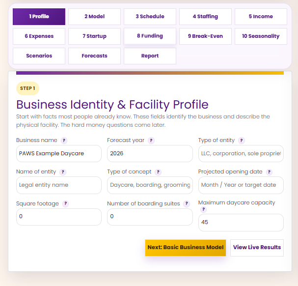 Business profile and facility setup screenshot from PAWS Pro Simulator