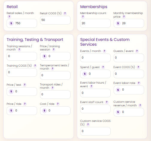 Income builder for retail, memberships, training, testing, transport, and special events