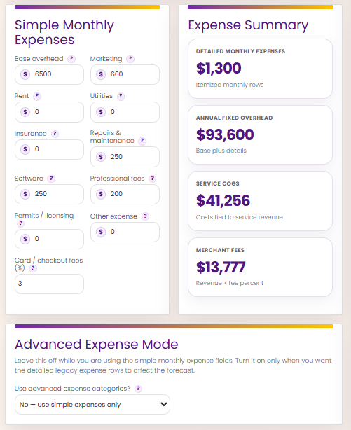Monthly expense builder and expense summary