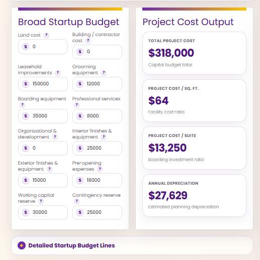 Startup budget and project cost output