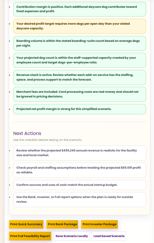 Warnings and next actions screenshot from PAWS Pro Simulator