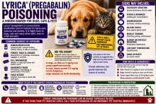 Dog near Lyrica and pregabalin capsules, oral solution, and a pet-poison warning.