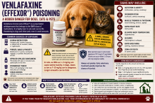Venlafaxine and Effexor prescription medication beside a warning that accidental ingestion can poison dogs and cats.
