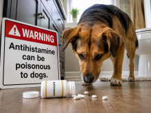 Antihistamine and decongestant medications beside a pet-poison warning for dogs and cats.