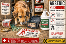 Dog near old rat-poison, ant-bait, and weed-killer containers representing arsenic exposure.