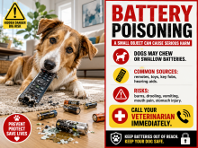 Household batteries including button cells and cylindrical batteries beside a warning that chewed or swallowed batteries can burn and injure pets.