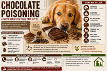 Dog near dark chocolate, cocoa powder, brownies, and a pet-poison warning.