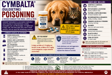 Cymbalta and generic duloxetine delayed-release capsules beside a warning that SNRI exposure can poison dogs, cats, and other pets.