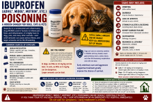 Ibuprofen tablets and common pain-relief packaging beside a warning that ibuprofen can cause gastrointestinal, kidney, and neurologic poisoning in pets.